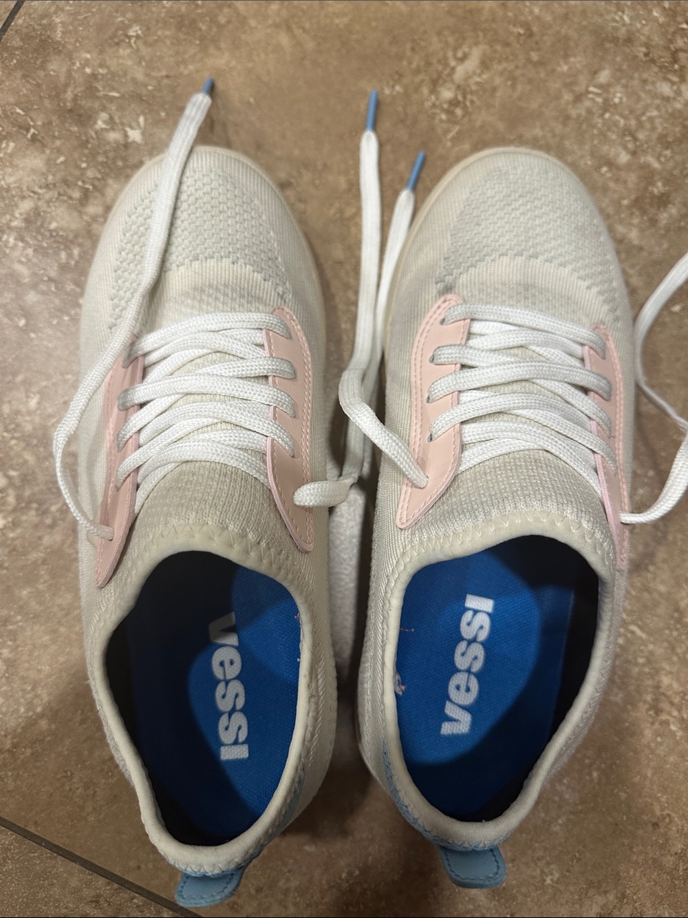 Vessi Women's Cream Knit Sneakers with Pink Accents and Blue Insoles